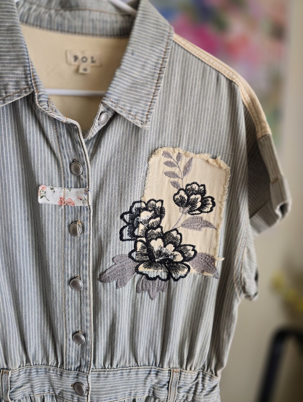 POL Striped Denim Patchwork Floral Embroidered Utility Romper Small NWOT - Picture 6 of 6